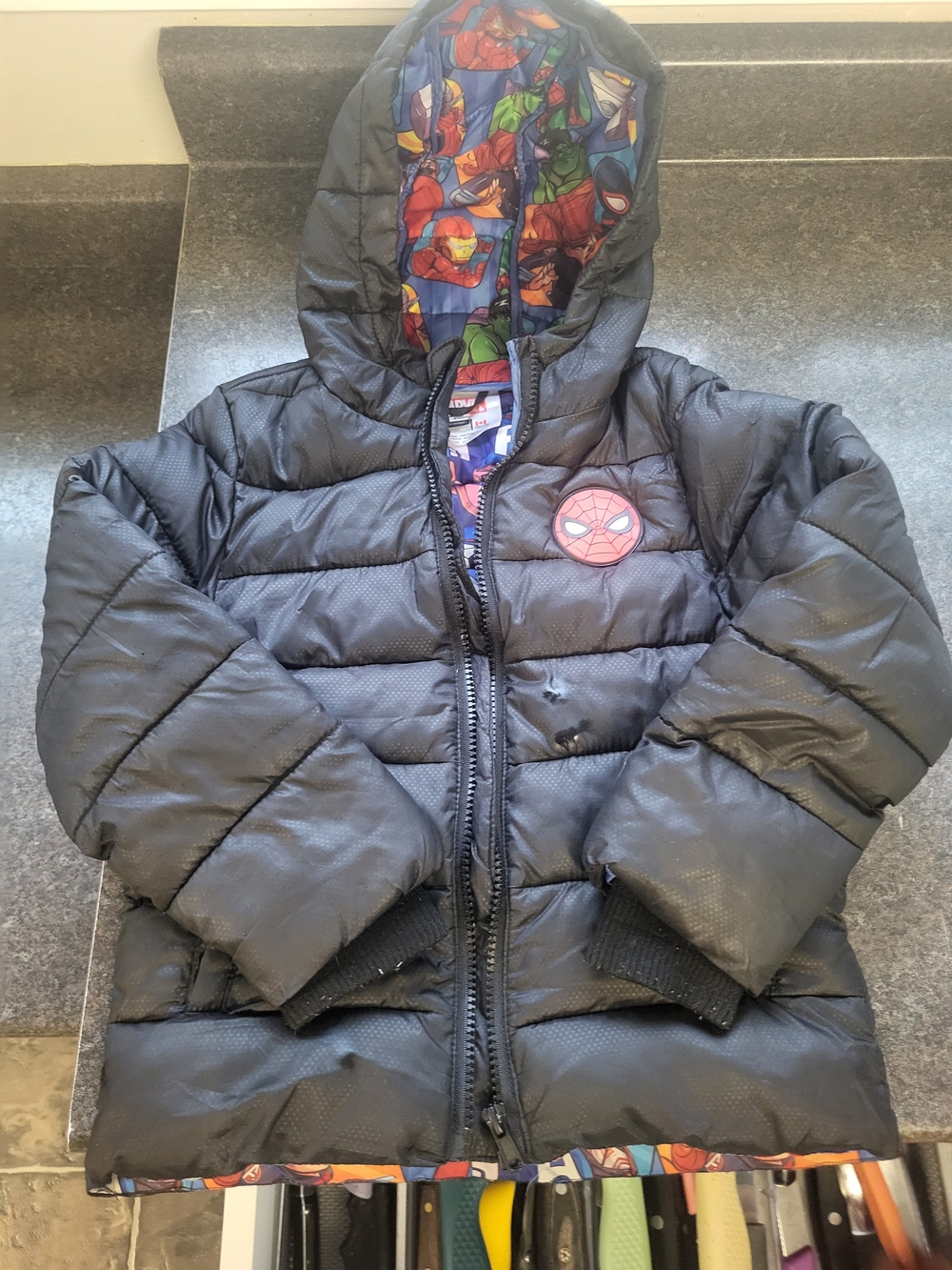Marvel Black Puffer Hooded Kids Jacket with Spider-Man Lined Hood